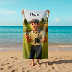 Pixar-Inspired Custom Beach Towel – Golf Edition from Your Photo