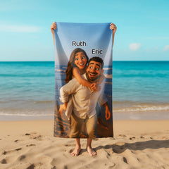 Pixar-Inspired Custom Beach Towel – Couple Edition from Your Photo
