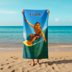 Pixar-Inspired Custom Beach Towel – Surfing Edition from Your Photo