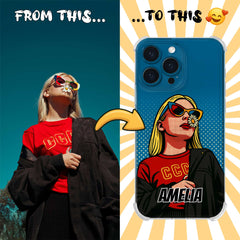 Pop Art Clear TPU iPhone Case – Lichtenstein Comic Style Portrait from Your Photo