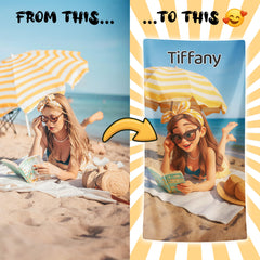 Pixar-Inspired Custom Beach Towel – Book Girl Summer Edition from Your Photo