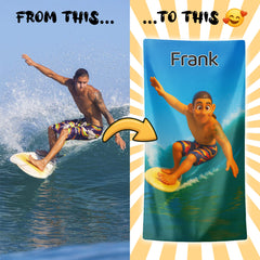Pixar-Inspired Custom Beach Towel – Surfing Edition from Your Photo