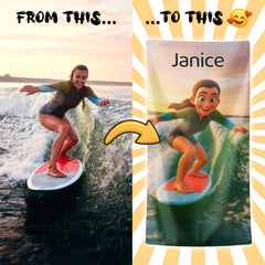 Pixar-Inspired Custom Beach Towel – Surfing Edition from Your Photo