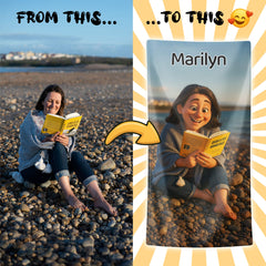 Pixar-Inspired Custom Beach Towel – Book Girl Summer Edition from Your Photo