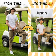 Pixar-Inspired Custom Beach Towel – Golf Edition from Your Photo