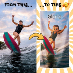 Pixar-Inspired Custom Beach Towel – Surfing Edition from Your Photo