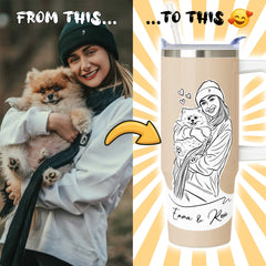 Hand Drawn Minimal Line Illustration Style Custom 30oz Tumbler with Handle from Your Photo