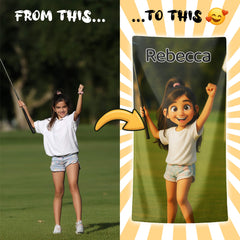 Pixar-Inspired Custom Beach Towel – Golf Edition from Your Photo
