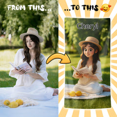 Pixar-Inspired Custom Beach Towel – Book Girl Summer Edition from Your Photo