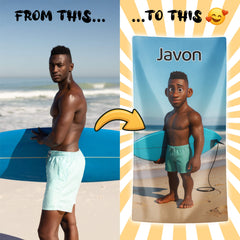 Pixar-Inspired Custom Beach Towel – Surfing Edition from Your Photo