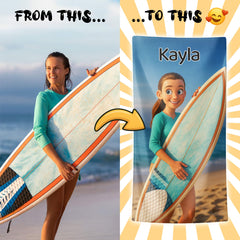 Pixar-Inspired Custom Beach Towel – Surfing Edition from Your Photo