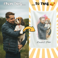Watercolor and Pen Art Style Custom Flannel Blanket from Your Photo