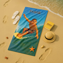 Pixar-Inspired Custom Beach Towel – Surfing Edition from Your Photo