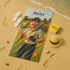 Pixar-Inspired Custom Beach Towel – Golf Edition from Your Photo