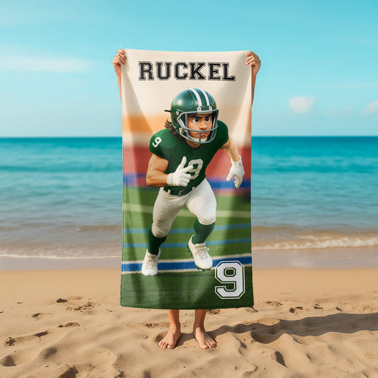 Pixar-Inspired Custom Beach Towel – Football Edition from Your Photo