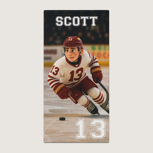 Pixar-Inspired Custom Beach Towel – Ice Hockey Edition from Your Photo