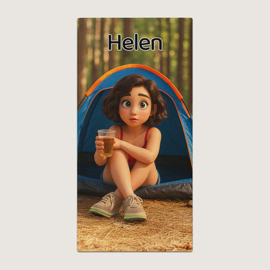Pixar-Inspired Custom Beach Towel – Camping Edition from Your Photo