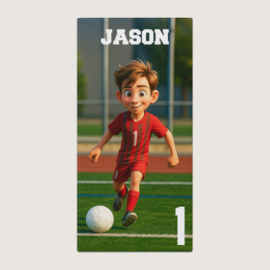 Pixar-Inspired Custom Beach Towel – Soccer Edition from Your Photo