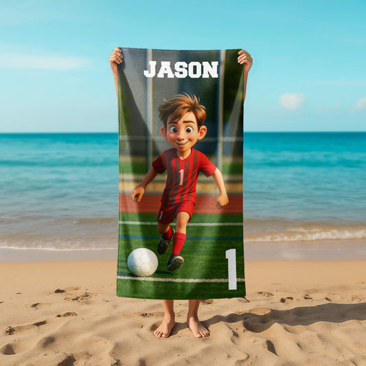 Pixar-Inspired Custom Beach Towel – Soccer Edition from Your Photo