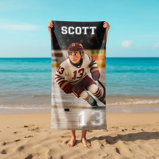 Pixar-Inspired Custom Beach Towel – Ice Hockey Edition from Your Photo