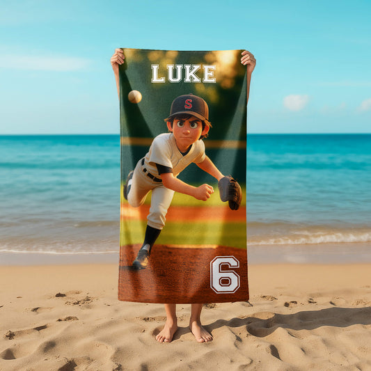 Pixar-Inspired Custom Beach Towel – Baseball Edition from Your Photo