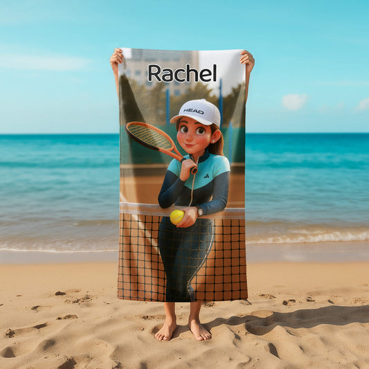 Pixar-Inspired Custom Beach Towel – Tennis Edition from Your Photo