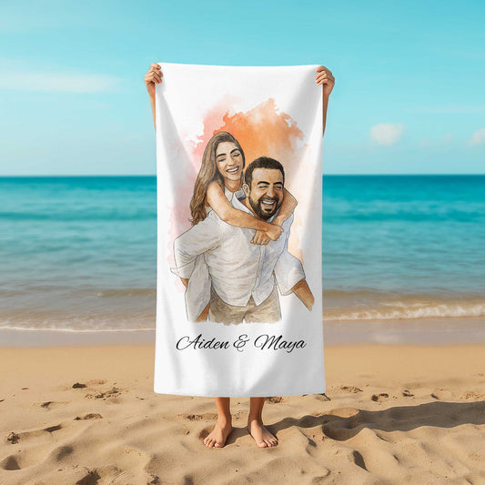Watercolor and Pen Art Style Custom Beach Towel from Your Photo
