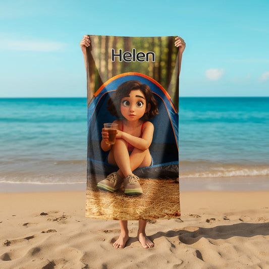 Pixar-Inspired Custom Beach Towel – Camping Edition from Your Photo