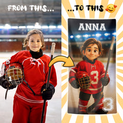 Pixar-Inspired Custom Beach Towel – Ice Hockey Edition from Your Photo