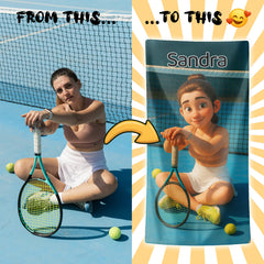 Pixar-Inspired Custom Beach Towel – Tennis Edition from Your Photo