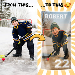 Pixar-Inspired Custom Beach Towel – Ice Hockey Edition from Your Photo