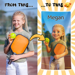 Pixar-Inspired Custom Beach Towel – Pickleball Edition from Your Photo