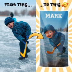 Pixar-Inspired Custom Beach Towel – Ice Hockey Edition from Your Photo