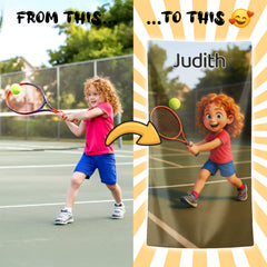 Pixar-Inspired Custom Beach Towel – Tennis Edition from Your Photo