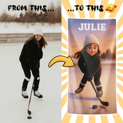 Pixar-Inspired Custom Beach Towel – Ice Hockey Edition from Your Photo